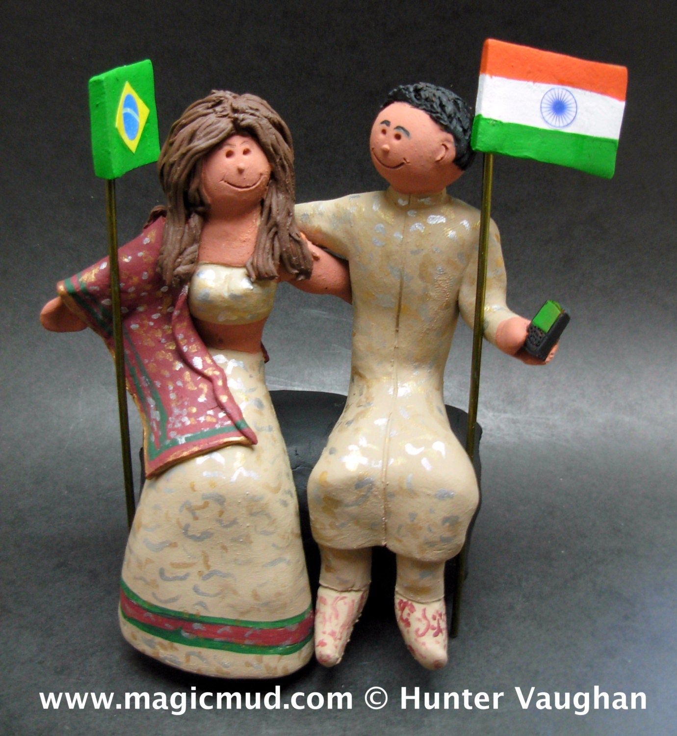 Brazilian Bride Indian Groom Wedding Cake Topper, International Marriage Wedding Cake Topper,Wedding CakeTopper with Country of Origin Flags