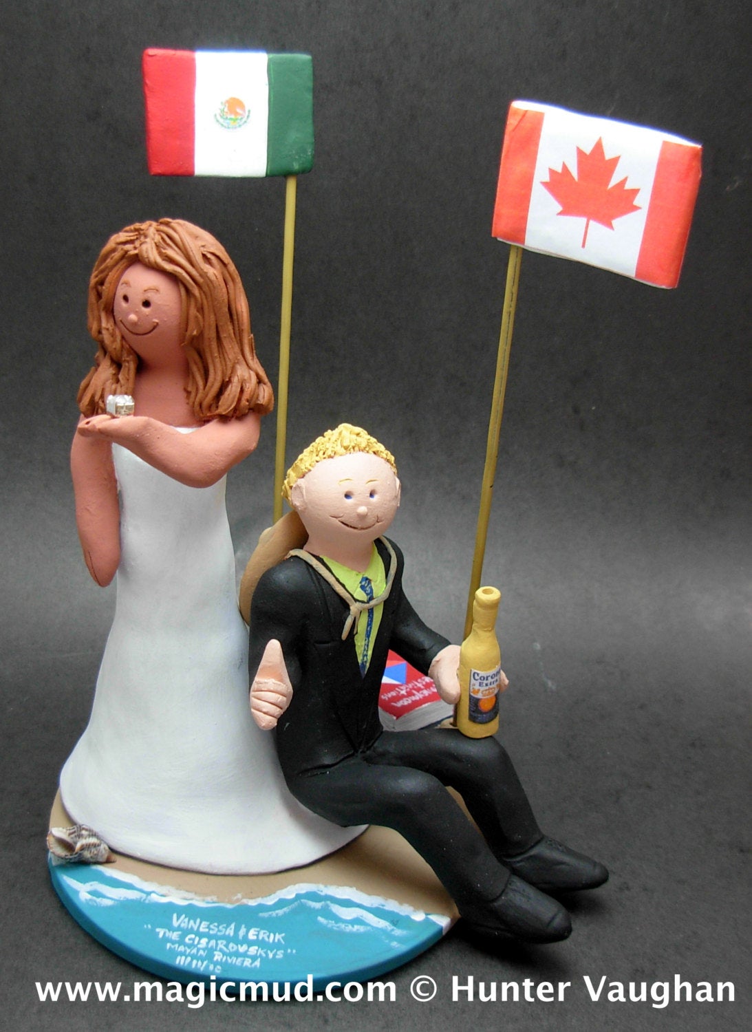 Mexican Bride Canadian Groom Wedding Cake Topper, CakeTopper with Big Wedding Ring, Giant Wedding Ring Caketopper, Bling Wedding CakeTopper - iWeddingCakeToppers