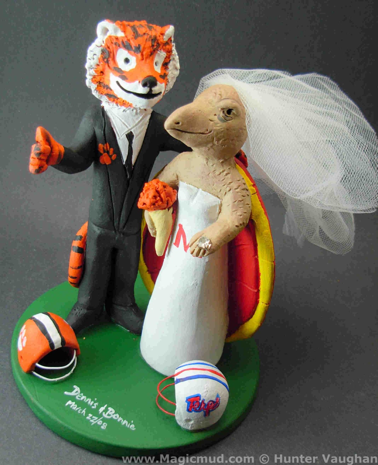 Clemson Tiger Groom Marries Maryland Terrapin Bride, Turtle Bride Wedding Cake Topper, Clemson Graduate's Wedding Cake Topper
