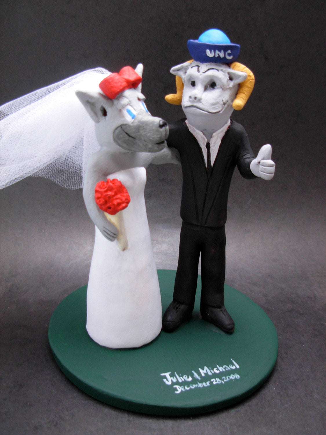 Cardinal and Alligator college mascot wedding cake toppers, Alligator Bride Wedding Cake Topper, Cardinal Mascot Groom Wedding Cake Topper - iWeddingCakeToppers