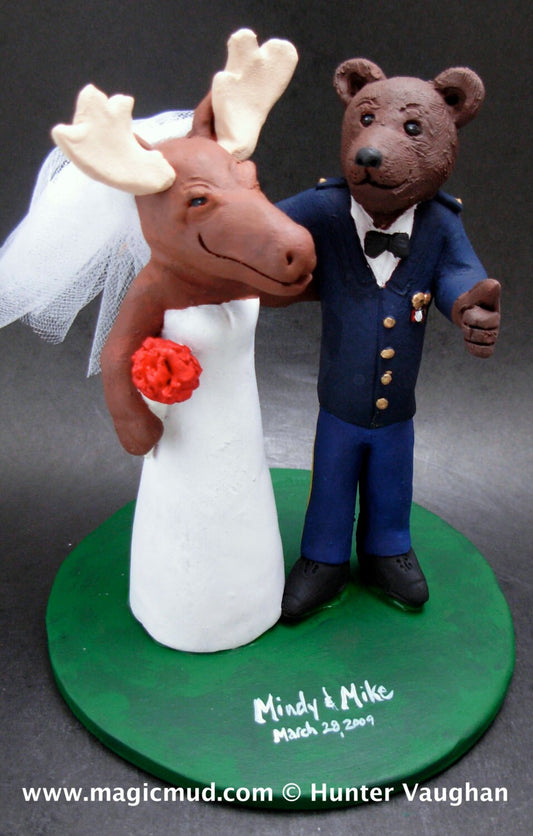 Bear Groom and Moose Bride Wedding Cake Topper, Animal Wedding Cake Topper, Bear in Dress Blues Soldier's Uniform Wedding Cake Topper