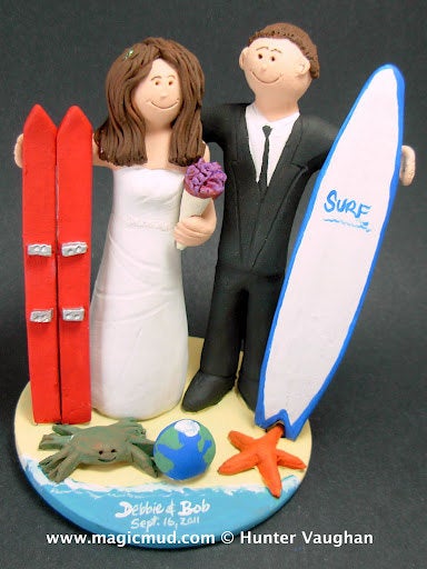 Skiier Bride Wedding Cake Topper, Wedding Cake Topper for Surfer,  Skiier Marries Surfer Groom Wedding Cake Topper - Custom Made Caketopper - iWeddingCakeToppers