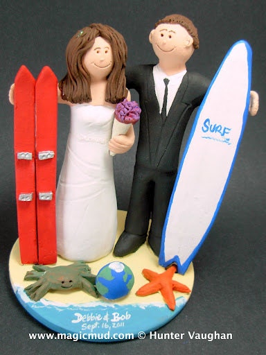 Skiier Bride Wedding Cake Topper, Wedding Cake Topper for Surfer,  Skiier Marries Surfer Groom Wedding Cake Topper - Custom Made Caketopper