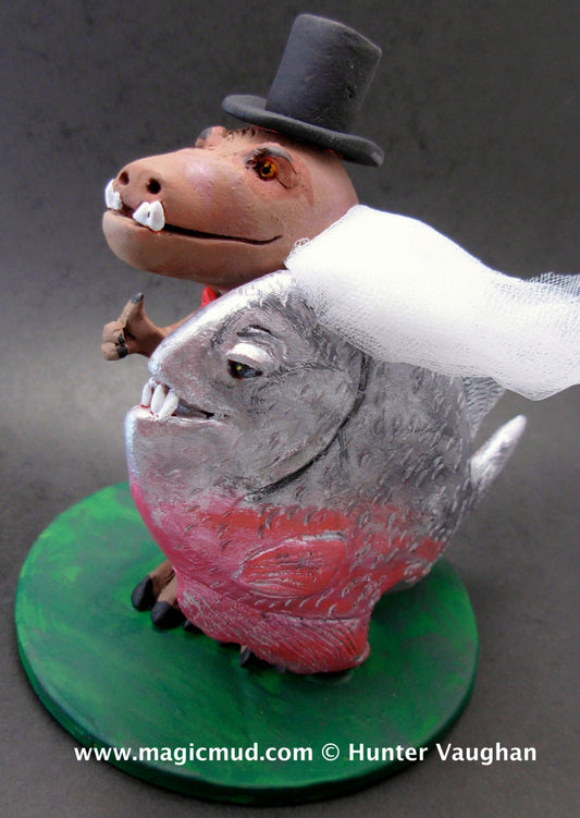 Tyrannosaursus Rex Groom Marries Piranha Fish Wedding Cake Topper, Dinosaur Wedding Cake Topper, Piranha Wedding Cake Topper