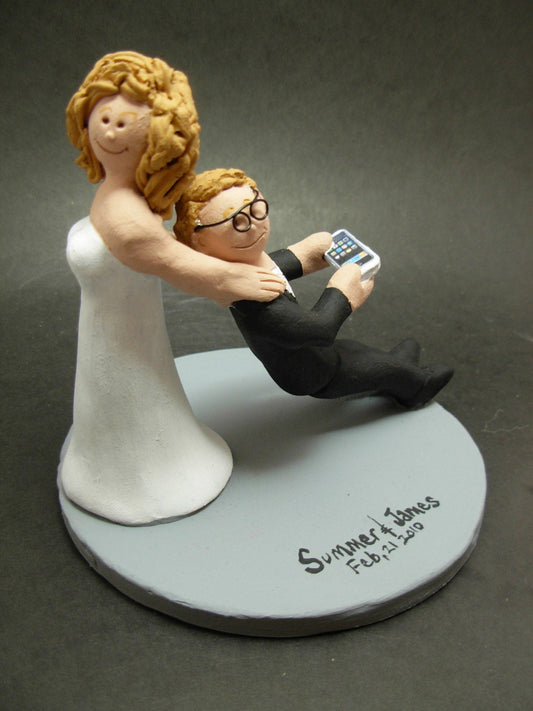 Bride Drag Groom with Iphone - Custom Made Nerd's Wedding Cake Topper, Tech's Wedding Cake Topper, Geek's Wedding Cake Topper - iWeddingCakeToppers