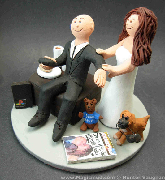 Video Gamer Groom Wedding Cake Topper - Bride Drag Video Gameing Groom Wedding Cake Topper, "Addicted to Gaming Apps" Wedding Cake Topper - iWeddingCakeToppers