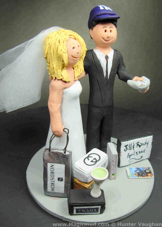 Video Gamer Groom and Shopaholic Fashionista Bride Wedding Cake Topper - Playstation Wedding Cake Topper, Gamers Wedding Cake Topper - iWeddingCakeToppers