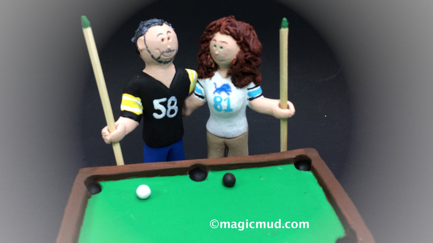 Billiard Player's Wedding Cake Topper - Custom Made Pool Players Wedding Cake Topper, Bride and Groom with Pool Cues Wedding Cake Topper