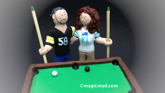 Billiard Player's Wedding Cake Topper - Custom Made Pool Players Wedding Cake Topper, Bride and Groom with Pool Cues Wedding Cake Topper
