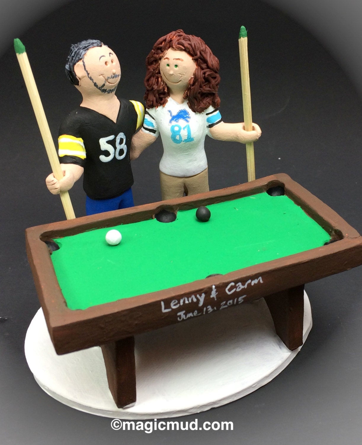 Billiard Player's Wedding Cake Topper - Custom Made Pool Players Wedding Cake Topper, Bride and Groom with Pool Cues Wedding Cake Topper