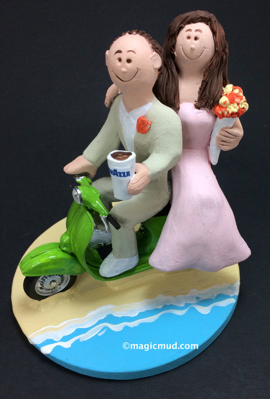 Scooter Wedding Cake Topper - Custom Made Vespa Riders Wedding Cake Topper, Moto Scooter Wedding Cake Topper, Cafe to Go Wedding Cake Topper - iWeddingCakeToppers