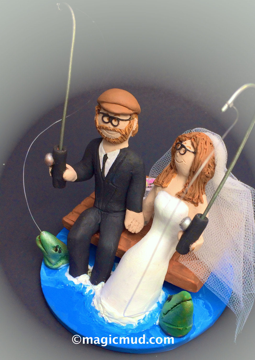 Bride and Groom Fish Off Dock Wedding Cake Topper - Fishing Wedding Cake Topper, At The Cottage Dock Wedding Cake Topper Custom Made - iWeddingCakeToppers