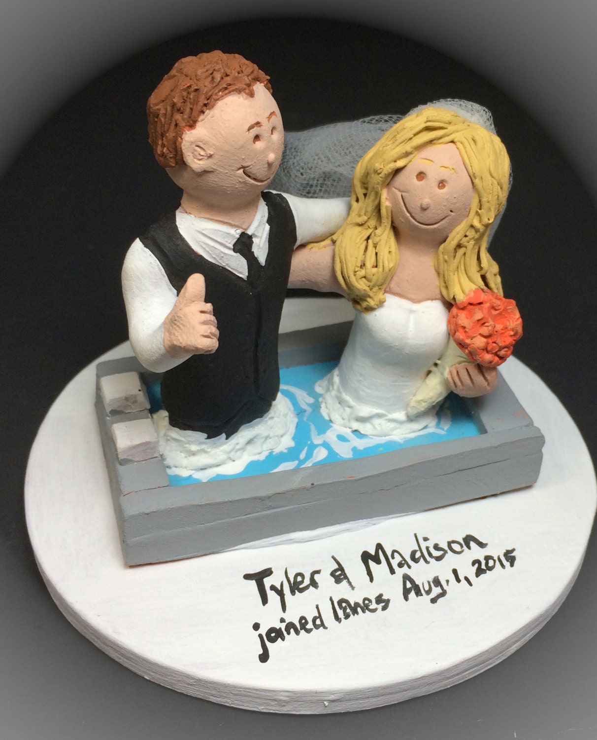 Bride and Groom in Pool Wedding Cake Topper  - Custom Made Swimming Pool Wedding Cake Topper, Bride and Groom in Hot Tub Wedding Cake Topper