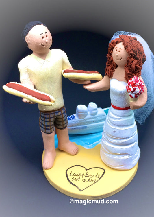Cruise Ship Wedding Cake Topper - Bride and Groom with Hot Dogs Wedding Cake Topper, Bride and Groom on Cruise Ship Wedding Cake Topper