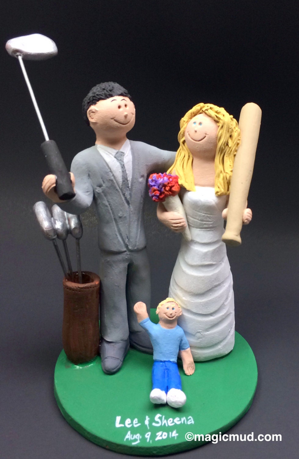 Golf Groom Marries Baseball Bride Wedding Cake Topper - Golfing Wedding Cake Topper, Baseball Bride with Bat Wedding Cake Topper