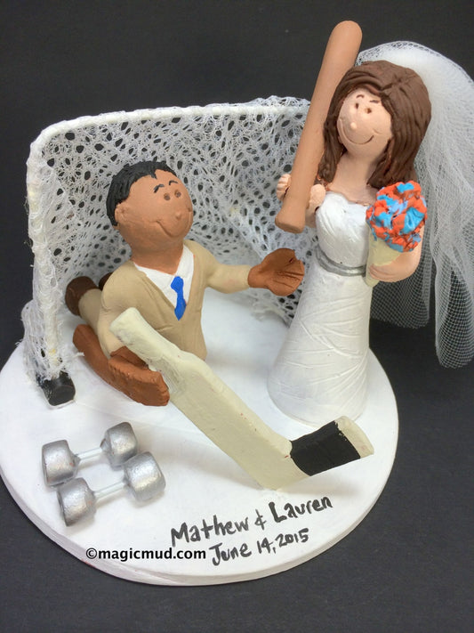 Mixed Race Wedding Cake Topper Figurine - Custom Made Interracial Wedding Cake Topper, Goalie Groom Wedding Cake Topper