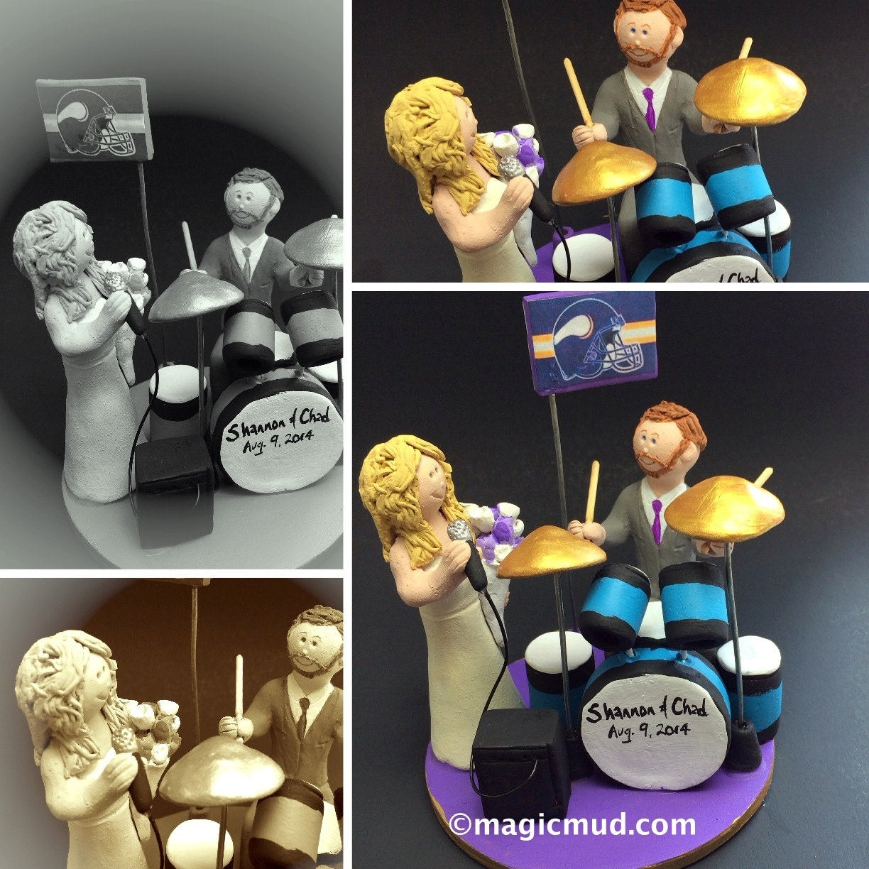 Wedding Cake Topper for a Drummer - Custom Made Percussionist Wedding Cake Topper - Drumming Wedding Cake Topper - Singing Bride Cake Topper