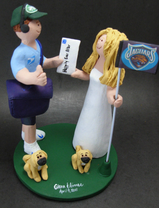 Mailman / Postman's Wedding Cake Topper - Custom Made Mailman Wedding Cake Topper - USPS Wedding Cake Topper- Wedding Cake Topper 2 pug dogs