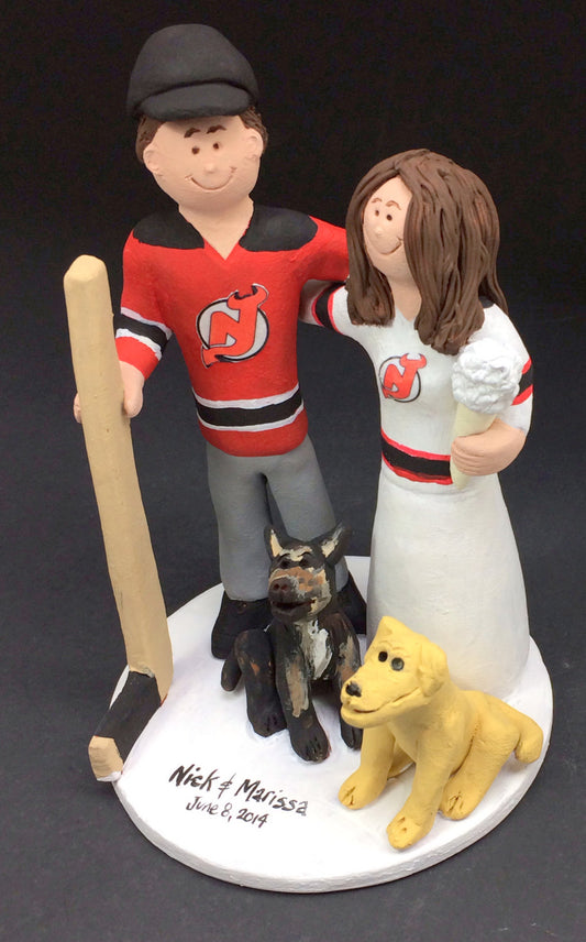 New Jersey Devils Bride and Groom Hockey Wedding Cake Topper - Custom Made Hockey Bride Wedding Cake Topper, NHL Wedding Cake Topper - iWeddingCakeToppers