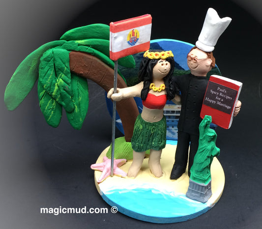 Tropical Island Wedding Cake Topper, Custom Made Chef Wedding Cake Topper, Palm Tree Beach Wedding Cake Topper, Hula Dancer Wedding Cake Top - iWeddingCakeToppers