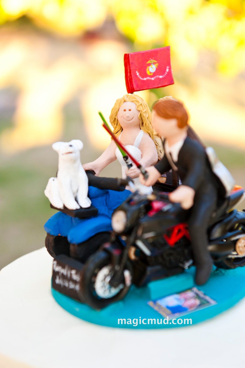 Jedi's Light Sabre Wedding Cake Topper -  Custom Made Motorcycle Wedding Cake Topper - Bride on ATV Wedding Cake Topper