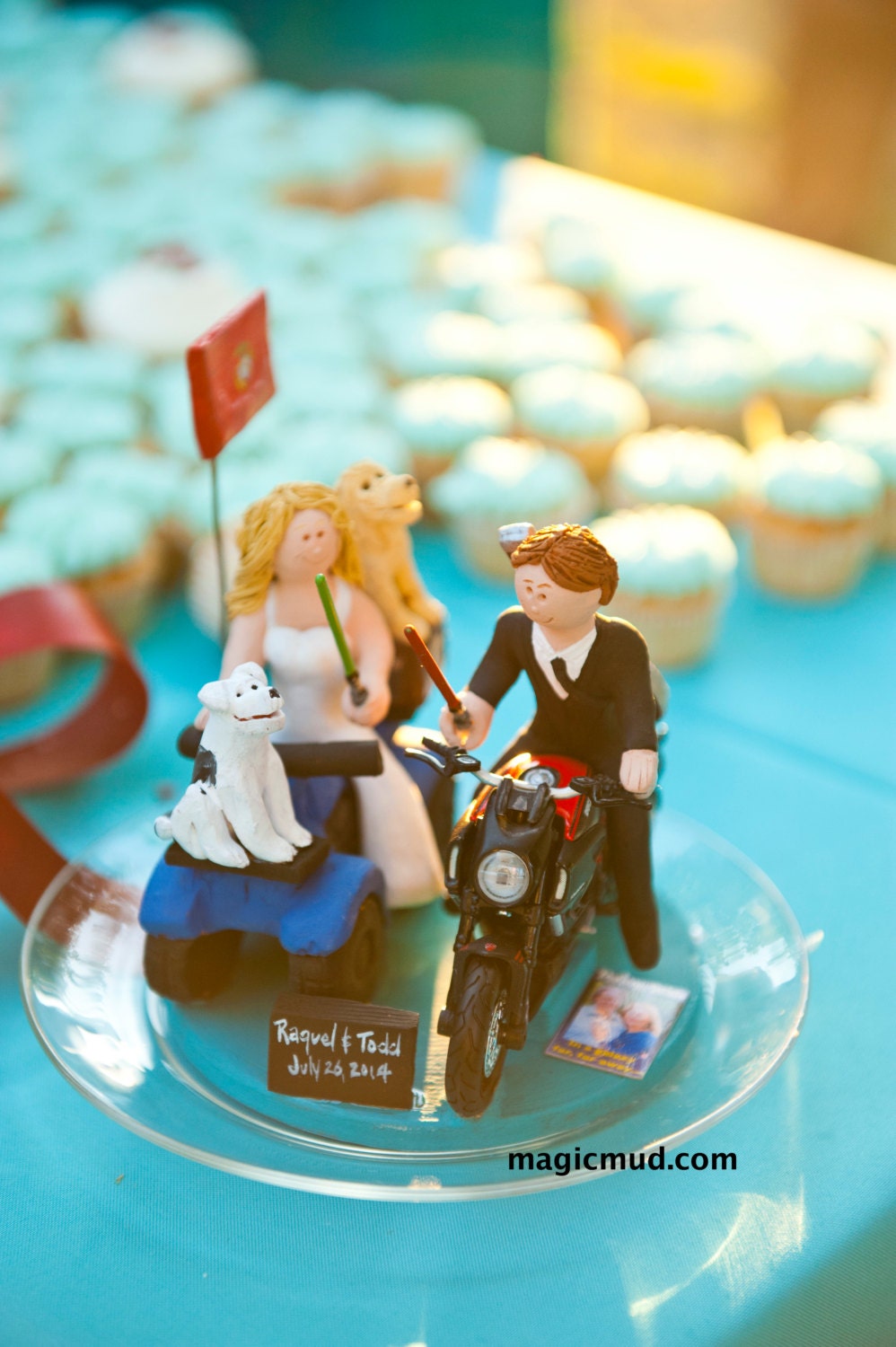 Jedi's Light Sabre Wedding Cake Topper -  Custom Made Motorcycle Wedding Cake Topper - Bride on ATV Wedding Cake Topper